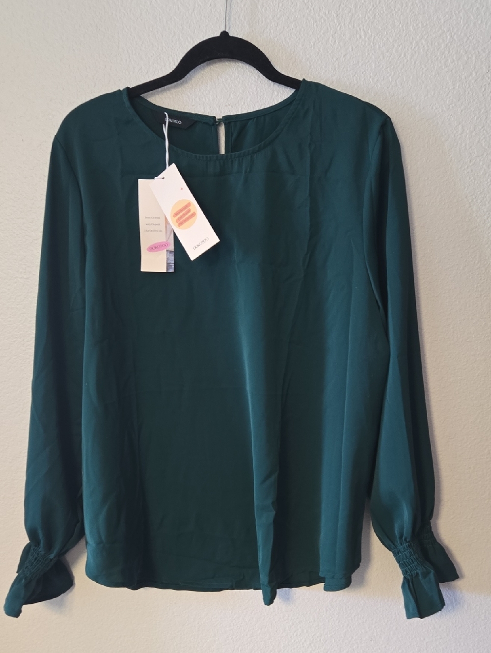 Dokotoo Teal Long-Sleeve Smocked-Cuff Blouse